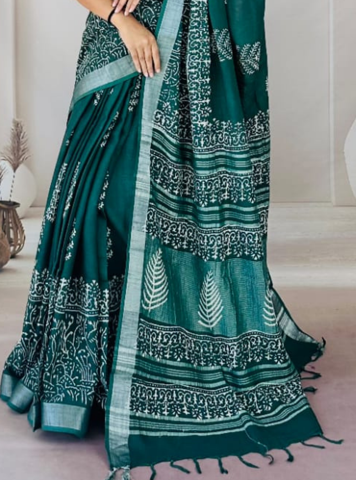 Emerald Green Cotton Linen Saree with Ethnic Handblock Prints
