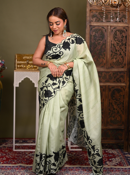 Sage Green Kota Applique Cutwork Saree with Black Floral Border
