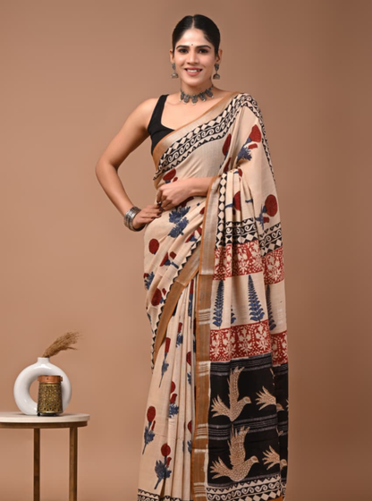Beige Linen Cotton Saree with Artistic Ethnic Prints