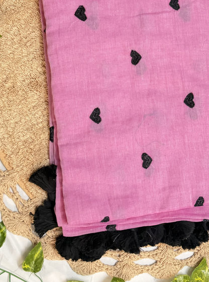 Rose Pink Mul Cotton Saree with Black Heart Motifs & Tassels