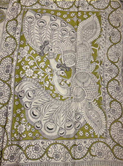 Ivory Kota Cotton Saree with Olive Green Circular Motifs & Ethnic Border