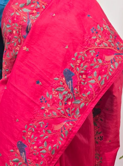 Crimson Red Tussar Saree with Bird & Floral Embroidery