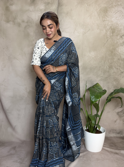 Indigo Blue Linen Cotton Saree with Silver Stripes & Abstract Print
