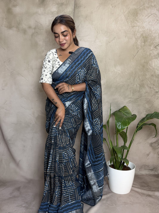 Indigo Blue Linen Cotton Saree with Silver Stripes & Abstract Print