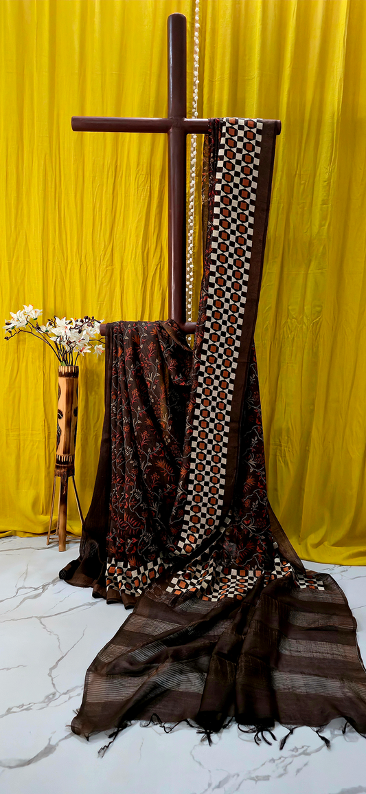 Beautiful Brown Munga Silk Saree with All Over Flower Design for Festive Wear