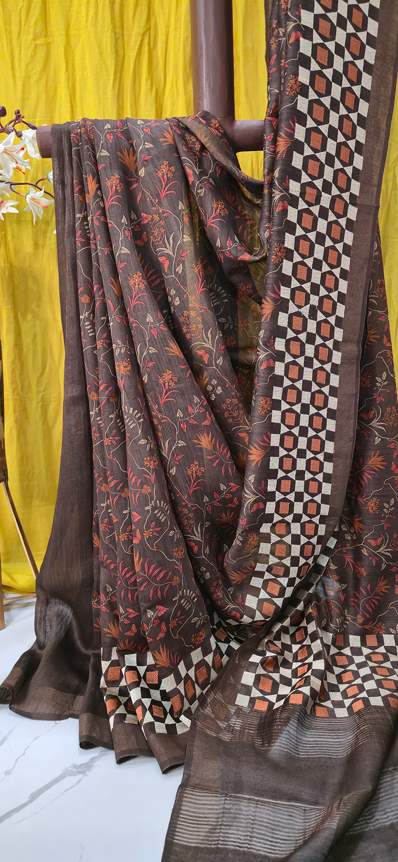 Beautiful Brown Munga Silk Saree with All Over Flower Design for Festive Wear