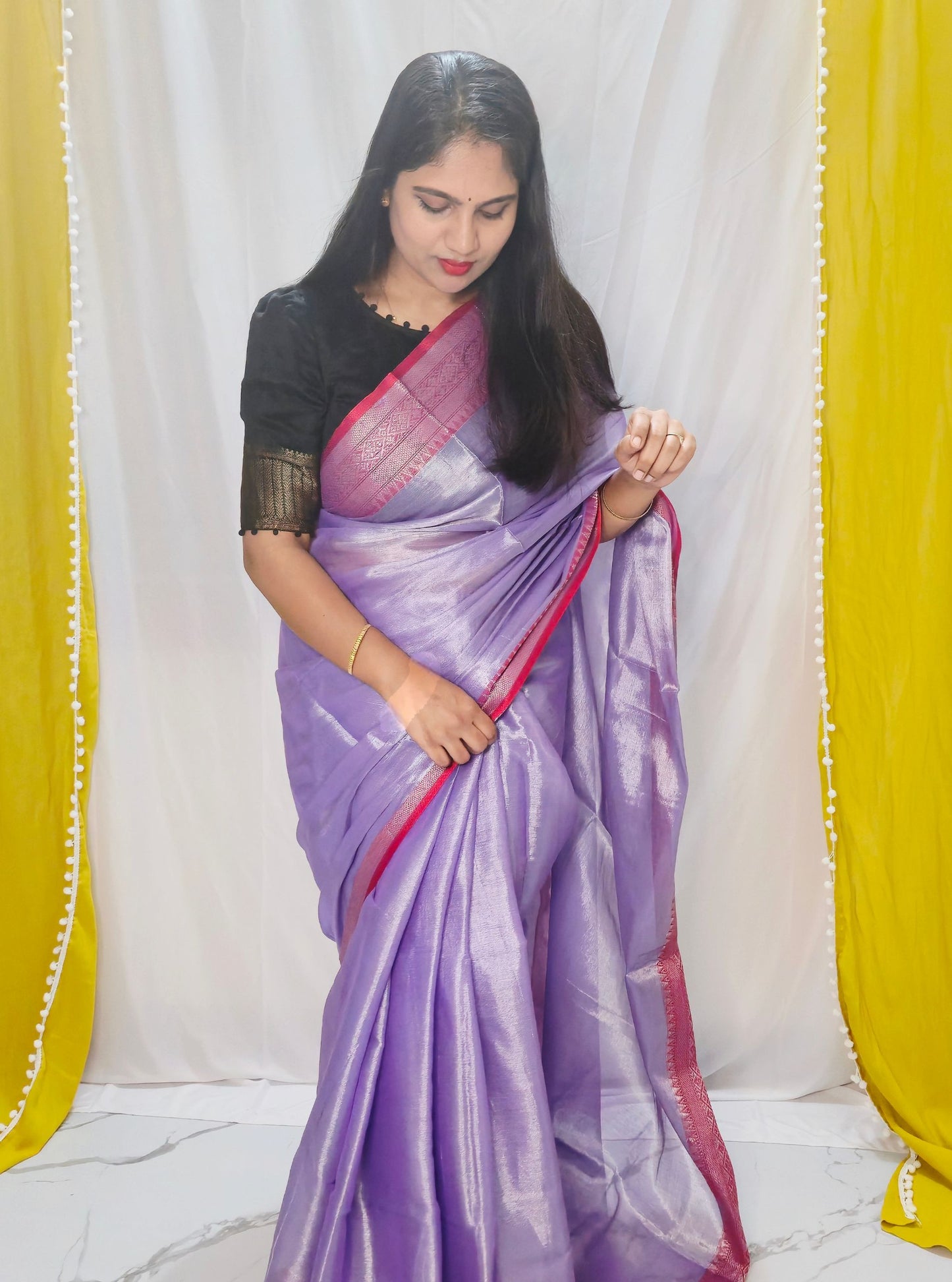 Lavender Tissue Cotton Saree with Subtle Silver Sheen & Pink Contrast Border
