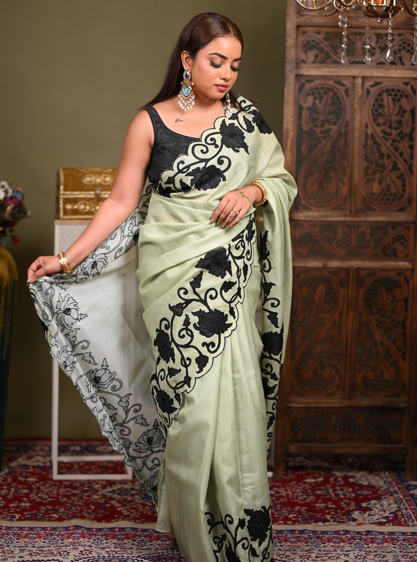 Sage Green Kota Applique Cutwork Saree with Black Floral Border