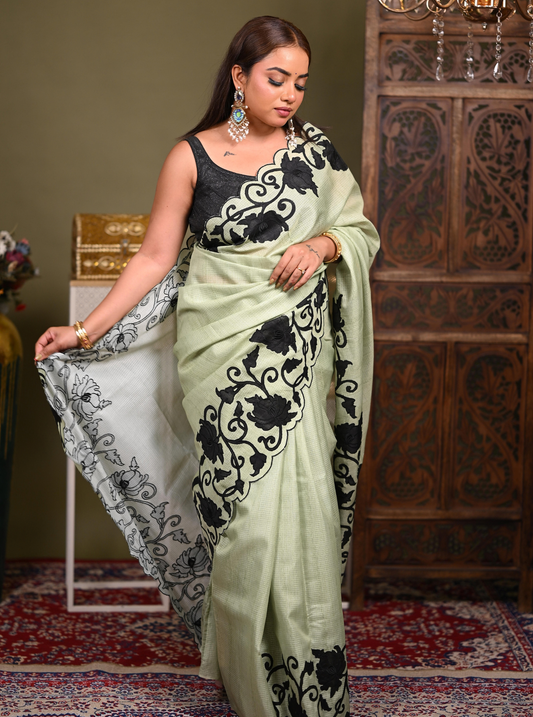 Sage Green Kota Applique Cutwork Saree with Black Floral Border