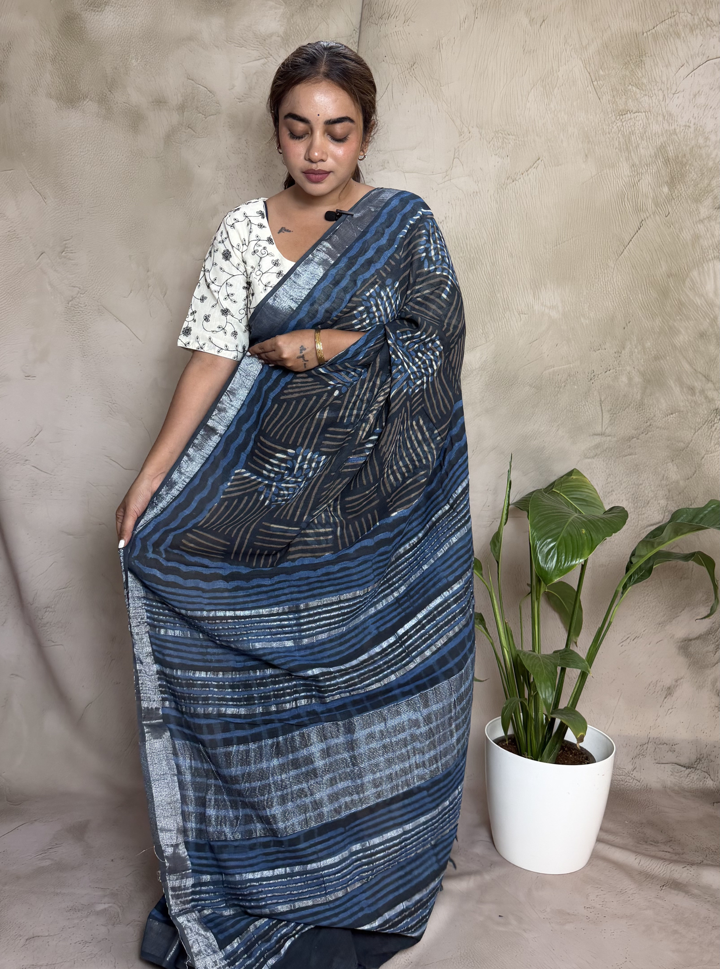 Indigo Blue Linen Cotton Saree with Silver Stripes & Abstract Print