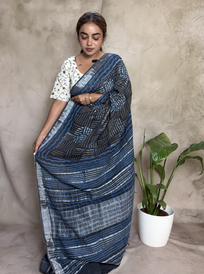 Indigo Blue Linen Cotton Saree with Silver Stripes & Abstract Print