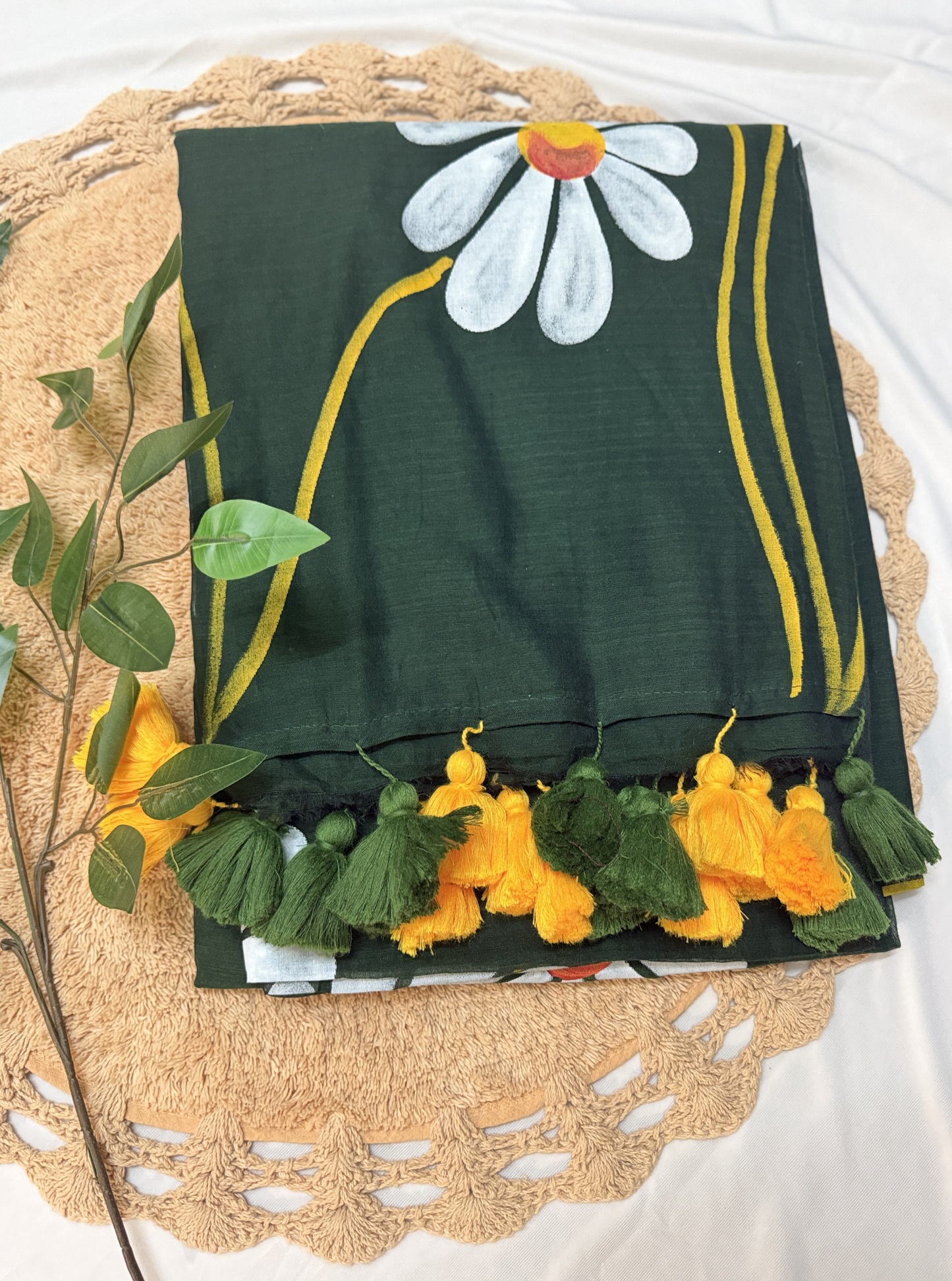 Artistic Dark Green Hand-Painted Mul Cotton Saree with Floral Design & Tassels