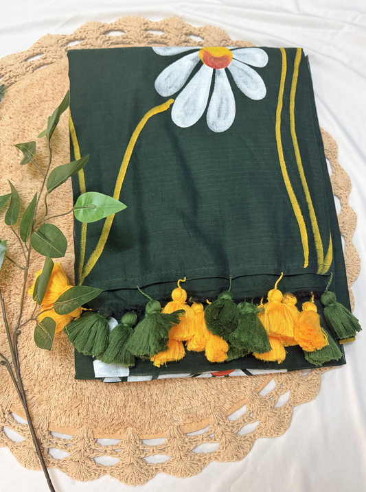Artistic Dark Green Hand-Painted Mul Cotton Saree with Floral Design & Tassels