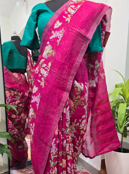 Rani Pink Pure Linen Kora Silk Saree with Floral Digital Print