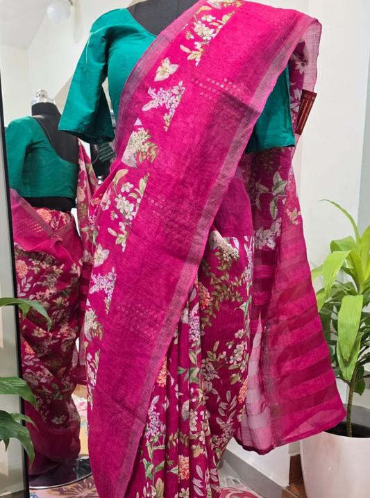 Rani Pink Pure Linen Kora Silk Saree with Floral Digital Print