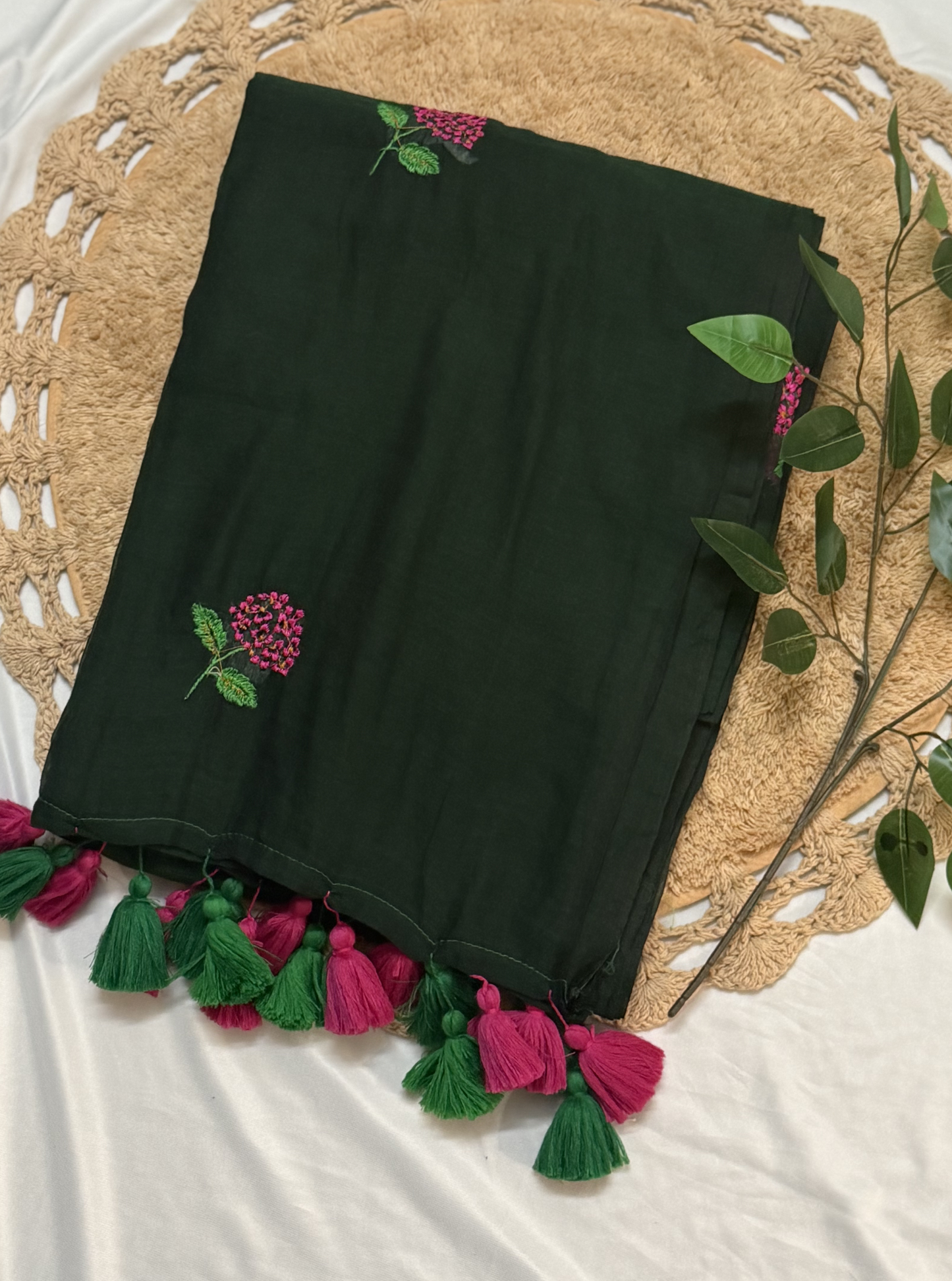 Dark Green Mul Cotton Saree with Floral Embroidery & Contrast Tassels