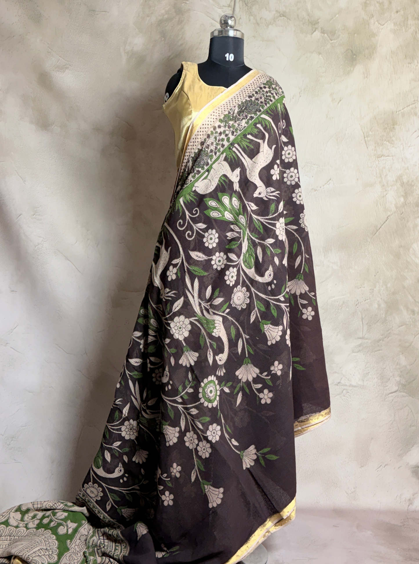 Brown Kota Cotton Saree with Floral Bird Motifs & Green Ethnic Border