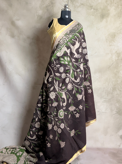 Brown Kota Cotton Saree with Floral Bird Motifs & Green Ethnic Border