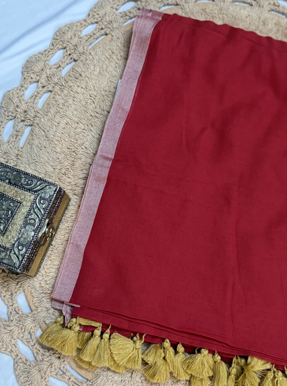 Crimson Red Mul Cotton Saree with Golden Tassel Pallu