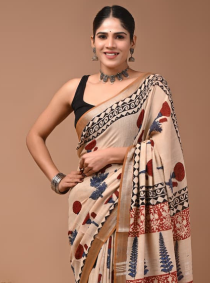 Beige Linen Cotton Saree with Artistic Ethnic Prints