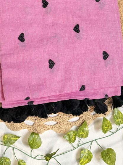 Rose Pink Mul Cotton Saree with Black Heart Motifs & Tassels