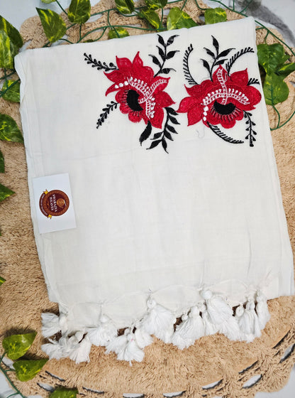Ivory Mul Cotton Saree with Bold Red Floral Embroidery & White Tassels