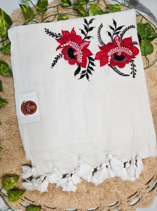 Ivory Mul Cotton Saree with Bold Red Floral Embroidery & White Tassels