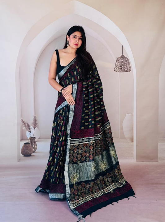 Black & Maroon Cotton Linen Saree with Ethnic Patchwork Prints