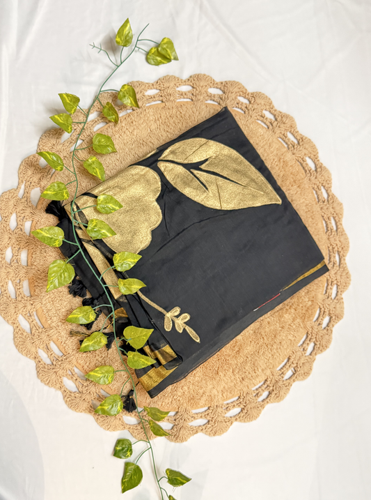 Midnight Black Mul Cotton Saree with Golden Leaf Design & Tassels