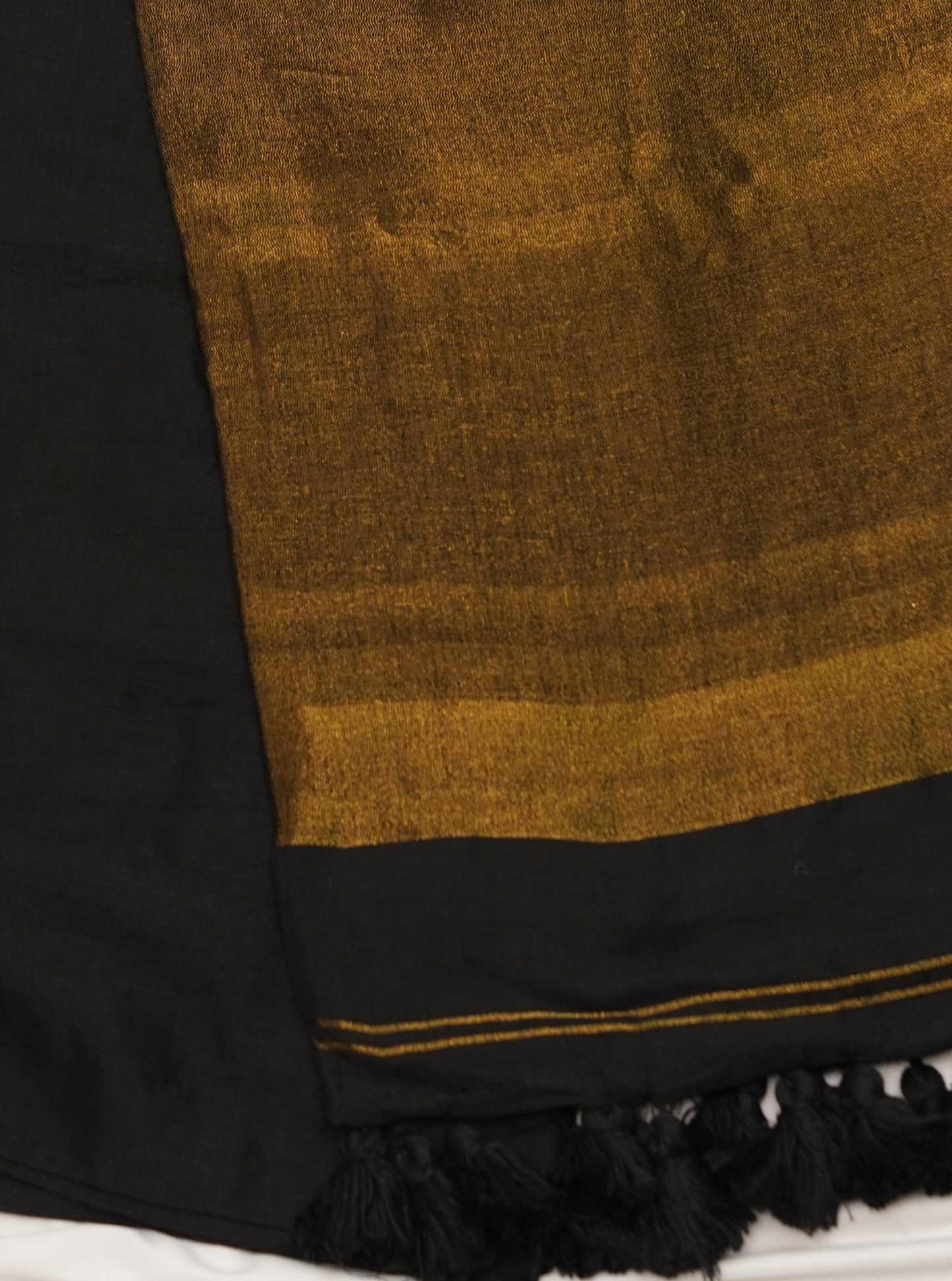 Classic Black Mul Cotton Saree with Rich Gold Pallu & Tassels