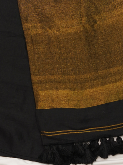 Classic Black Mul Cotton Saree with Rich Gold Pallu & Tassels