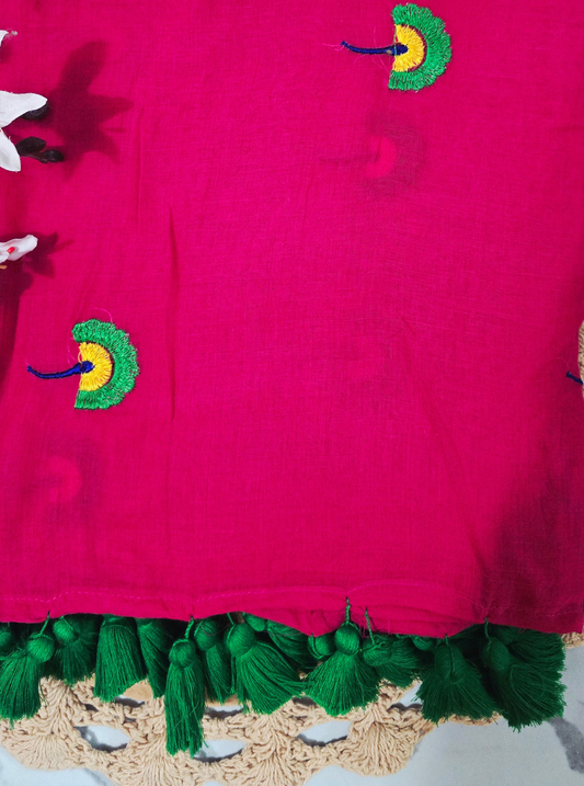Magenta Mul Cotton Saree with Hand-Embroidered Motifs & Tassel Finish