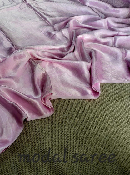 Dusty Rose Modal Silk Saree with Ajrakh Print – Naturally Dyed Elegance