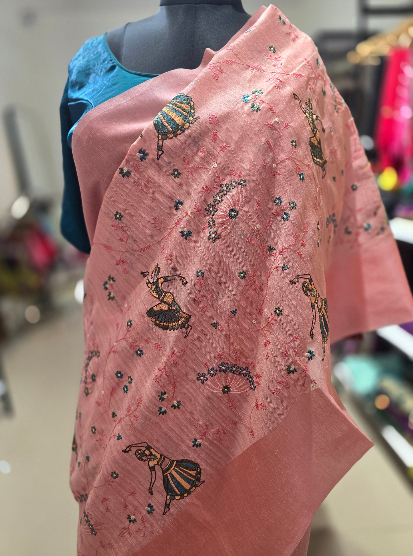 Blush Pink Tussar Silk Saree with Artistic Embroidery Motifs