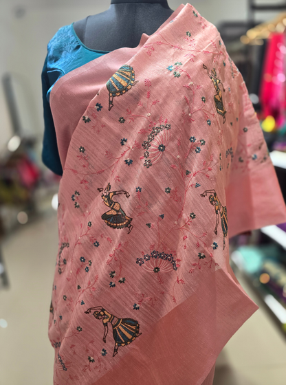 Blush Pink Tussar Silk Saree with Artistic Embroidery Motifs