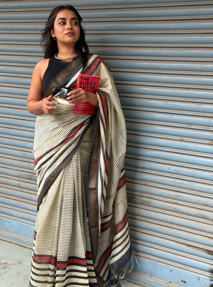 Classic Maheshwari Silk Saree with Contemporary Stripe Border