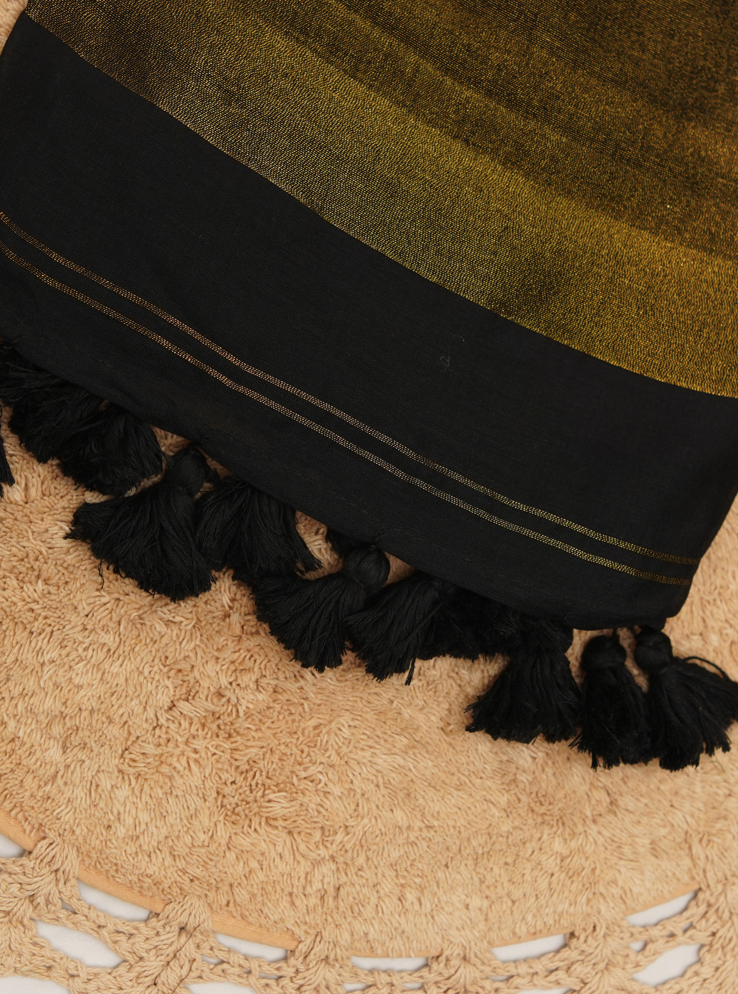 Classic Black Mul Cotton Saree with Rich Gold Pallu & Tassels
