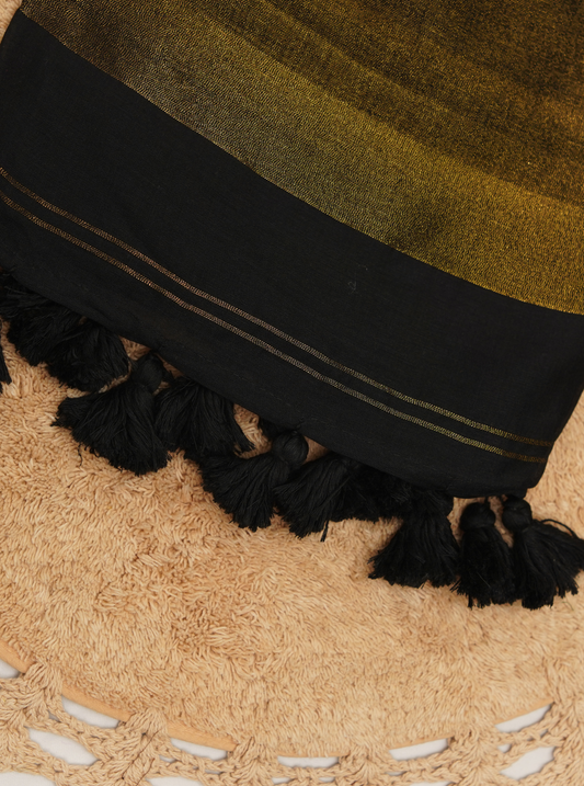 Classic Black Mul Cotton Saree with Rich Gold Pallu & Tassels