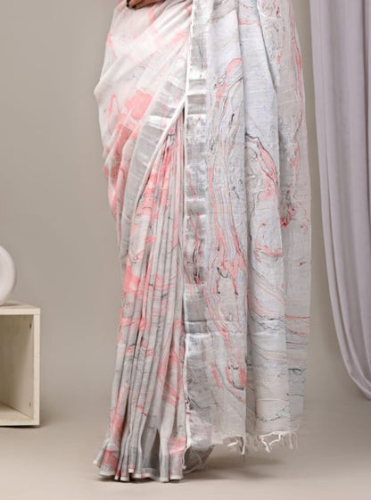 Grey Linen Cotton Saree with Soft Blush Marble Print