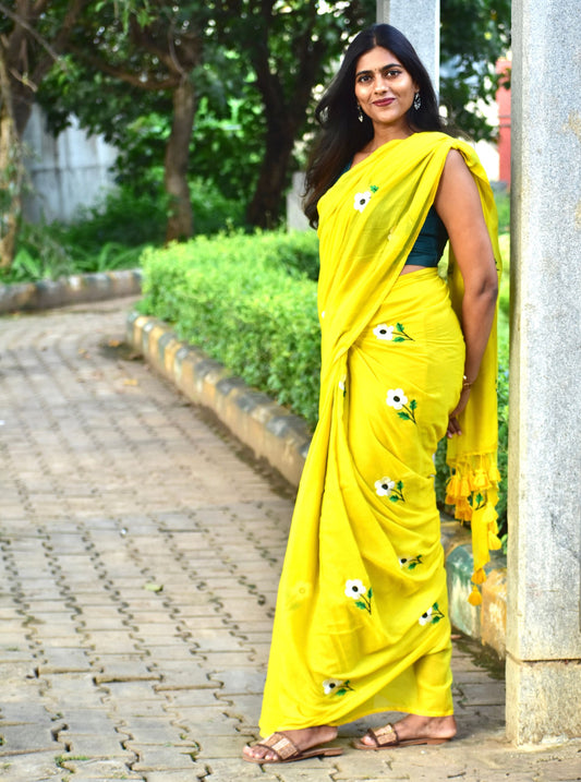 Sunshine Yellow Mul Cotton Saree with Delicate Floral Embroidery