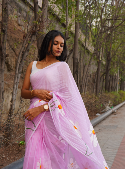 Pastel Pink Hand-Painted Mul Cotton Saree with Floral Art
