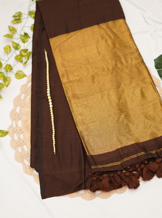 Chocolate Brown Mul Cotton Saree with Rich Gold Pallu & Tassels
