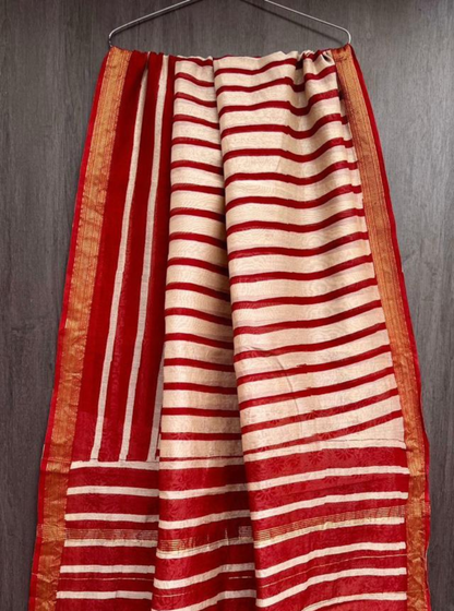 Classic Red & Ivory Striped Maheshwari Silk Saree