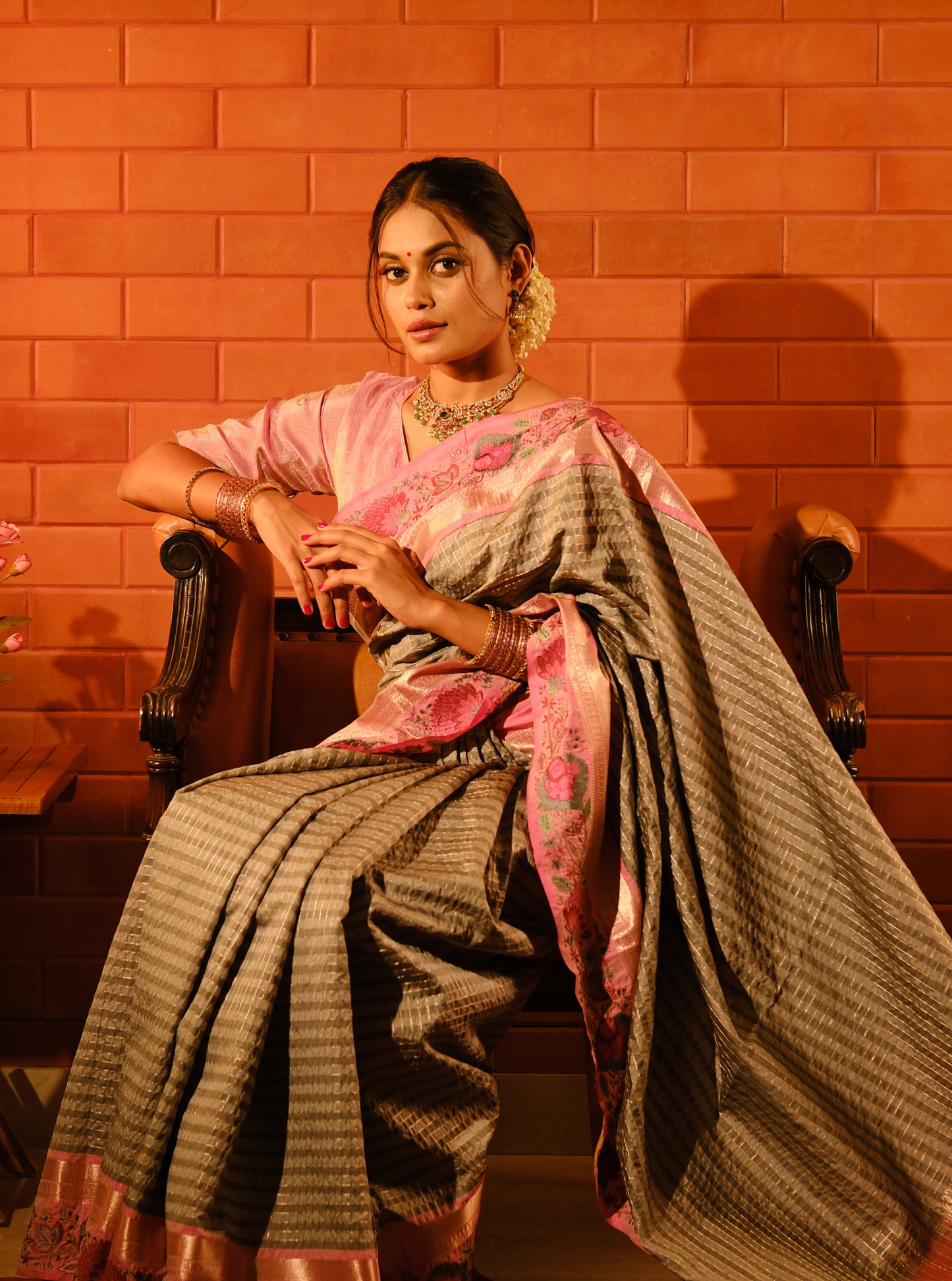 Elegant Grey Designer Silk Saree with Pink Embroidered Border