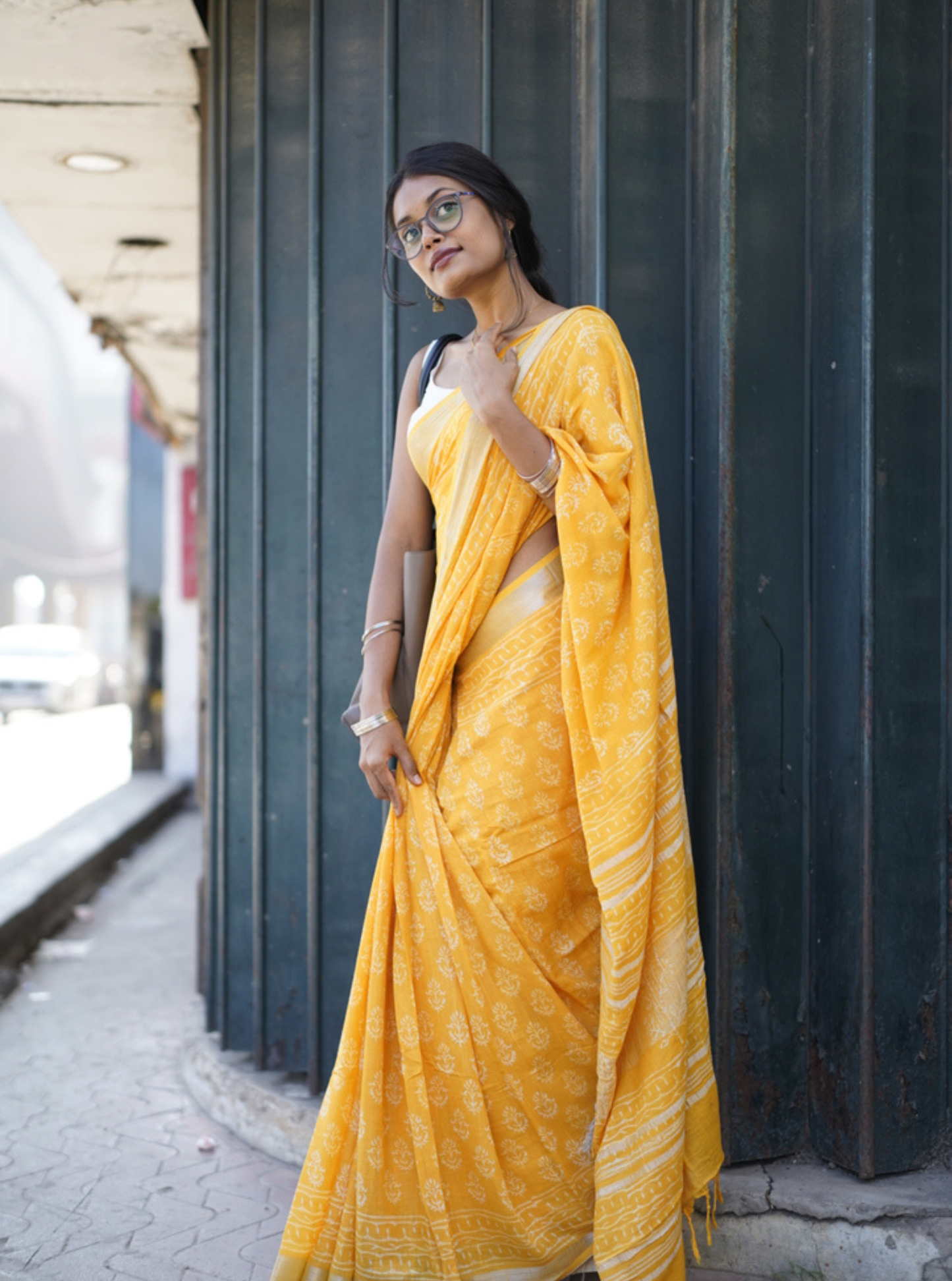 Sunshine Yellow Hand-Printed Linen Cotton Saree with Classic Borders