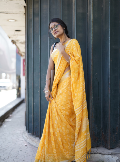 Sunshine Yellow Hand-Printed Linen Cotton Saree with Classic Borders