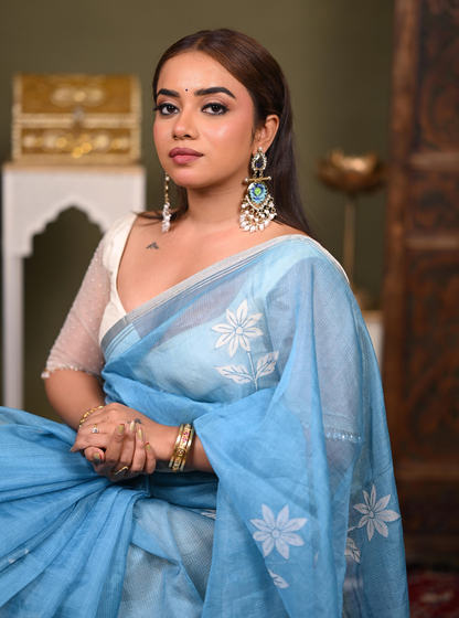 Sky Blue Kota Applique Cutwork Saree with Floral Detailing
