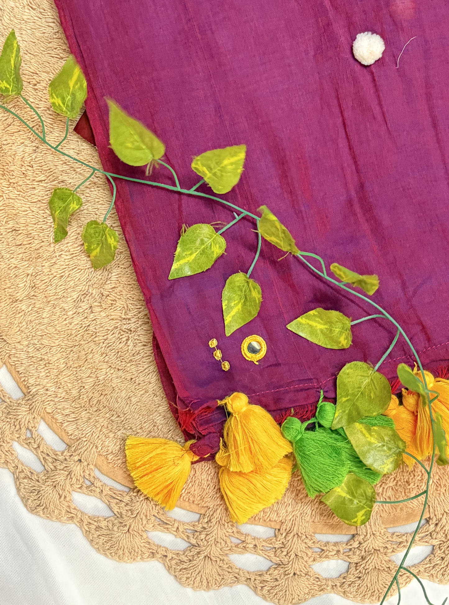 Royal Plum Mul Cotton Saree with Green & Yellow Tassels