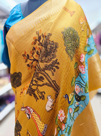 Royal Mustard Tissue Silk Saree with Artistic Scenic Print