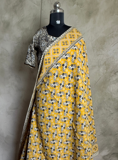 Mustard Yellow Cotton Saree with Floral Buti Print & Ethnic Border